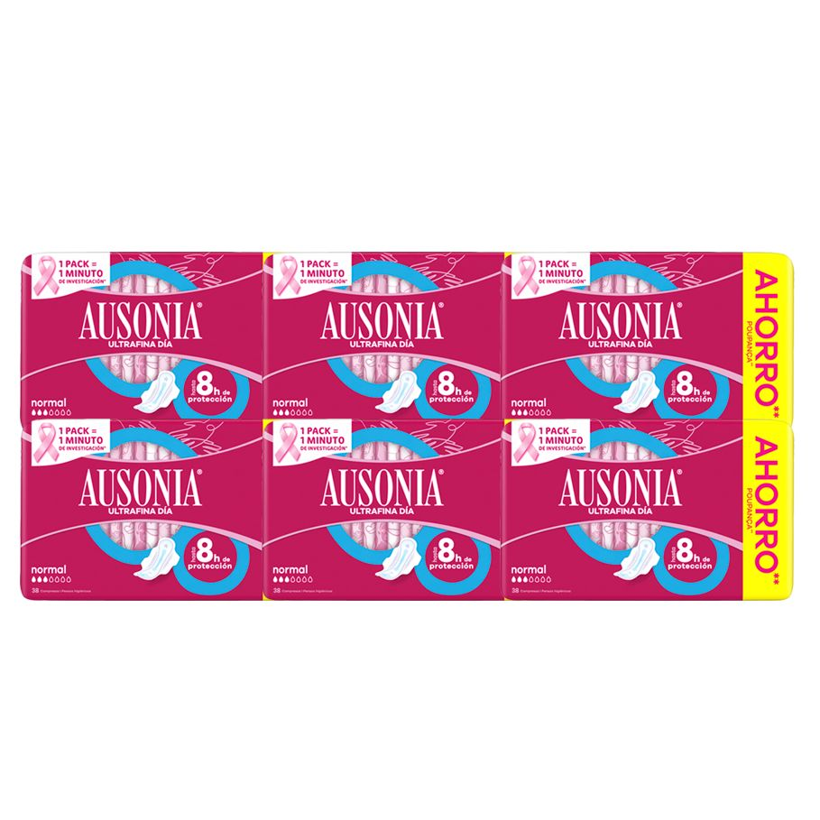 Ausonia Ultrafina Menstrual Normal Compresas Con Alas, Para Un Flujo Ligero y Normal Y Protección De La Regla Durante El Día, Hasta 8 Horas De Protección, 6x38 Unidades