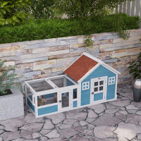 PawHut Conejera Exterior de Madera 162,5x59,2x77,6 cm Jaula para Conejo Grande con 2 Ventanas de Decoración 2 Ruedas 1 Puerta 1 Rampa y Techo de Asfalto Azul - details 1