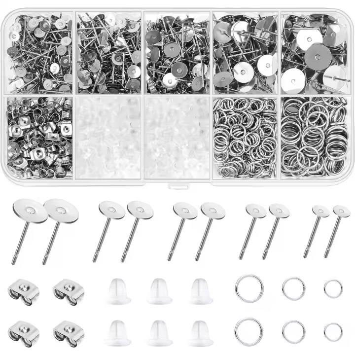 Postes y respaldos para pendientes hipoalergénicos, kit para hacer pendientes de acero inoxidable de 1650 piezas, para hacer joyas de bricolaje - 1
