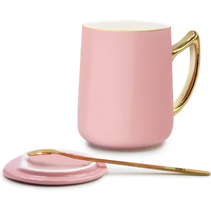 Taza de café de cerámica, boca superior con borde dorado y asa dorada, taza de cerámica de 420 ml con tapa y cuchara de acero inoxidable (rosa) - 1