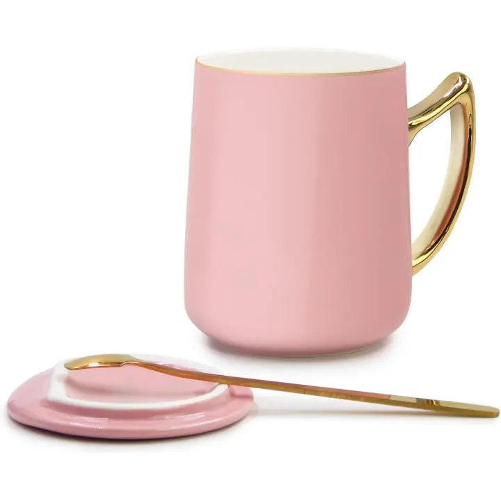Taza de café de cerámica, boca superior con borde dorado y asa dorada, taza de cerámica de 420 ml con tapa y cuchara de acero inoxidable (rosa) - 1