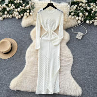 Vestido Largo Vintage De Cintura Alta REALEFT Para Mujer Con Cuello Redondo Manga Larga Y Abertura Lateral Vestido De Encaje Tricotado - details 5