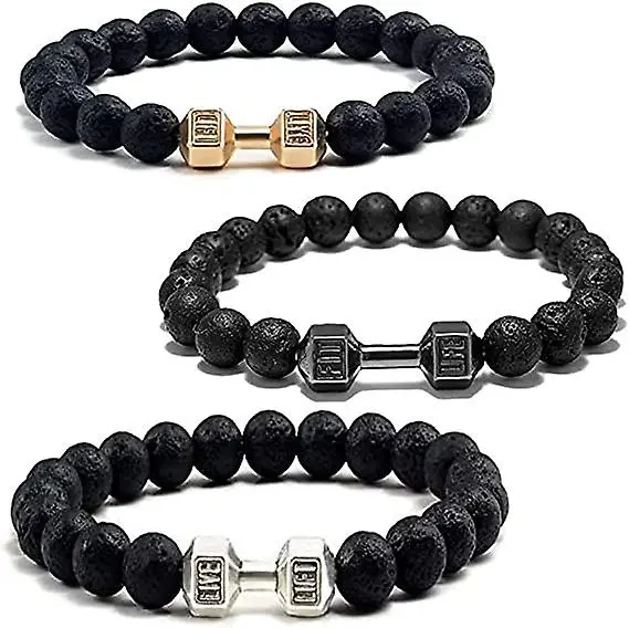 Pulsera con mancuernas Traintough (3 unidades), de alta calidad, con cuentas de piedra volcánica. Regalo perfecto para hombres. - 1