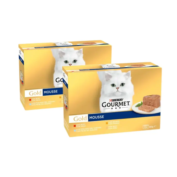 GOURMET - Gold [PACK AHORRO] (24x85 gr) - Mousse Pack Surtido (Buey, Pescado del Océano, Hígado y Pavo) (2 Cajas de 12x85 gr) - 1