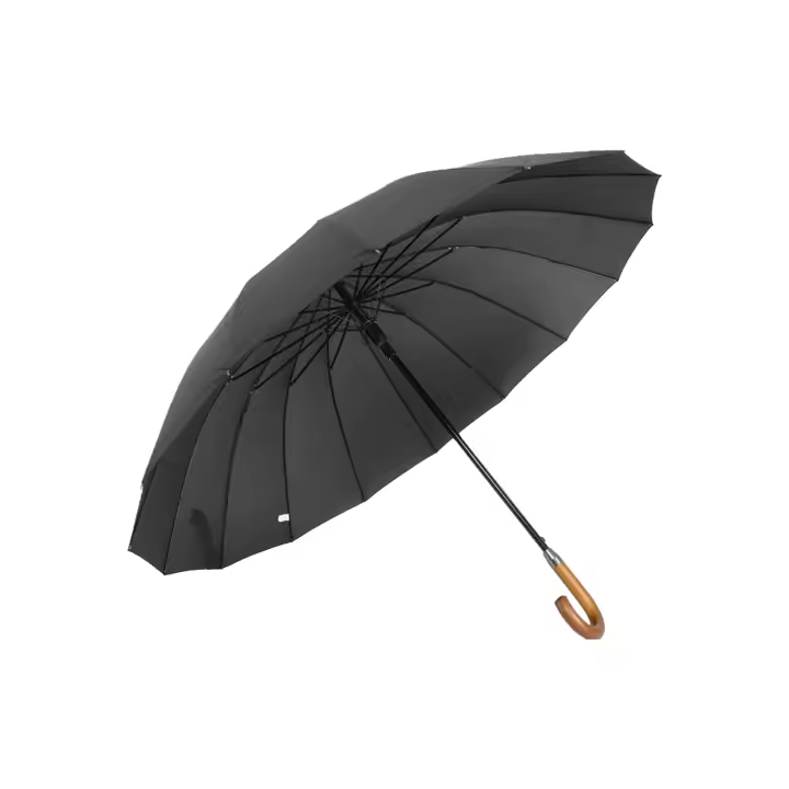 UD -  PARAGUAS LARGOS LISO NEGRO 16 VARILLAS ANTIVIENTOS Paraguas automático de bastón MADERA resistente al viento, paragua grande - 1