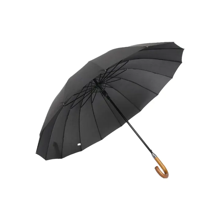 UD -  PARAGUAS LARGOS LISO NEGRO 16 VARILLAS ANTIVIENTOS Paraguas automático de bastón MADERA resistente al viento, paragua grande - 1