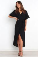 Vestido De Tobillo Elegante De Verano Para Mujer Con Aros Y Cuello V Corto Manga A-Line En Color Negro Decoración De Cuerda - details 0