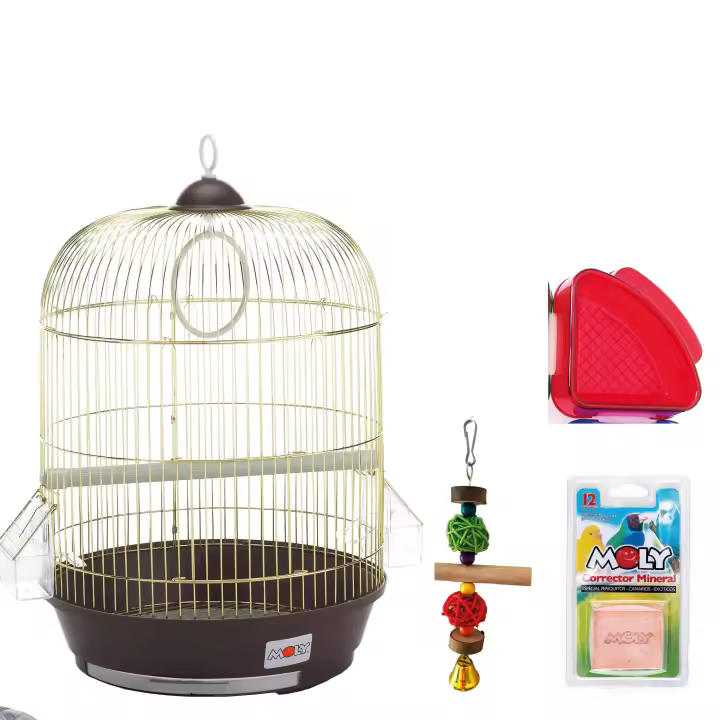 Kit iniciación para nuestros pájaros periquitos, agapornis (Jaula Moly redonda, Juguete interactivo, Columpio, Calcio para pájaros y Bañera interior) - 1
