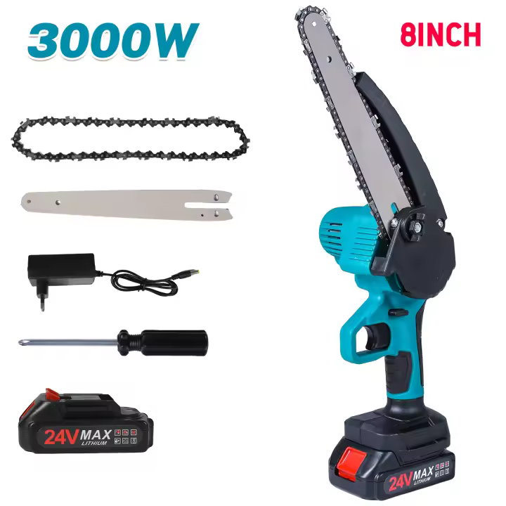 Sierra de poda de iones de litio de 21V y 3000W de potencia Sierra de poda de 8 pulgadas compatible para poda de huerto/corte de bambú Mango antideslizante + juego de cadena endurecida (con batería) - 1