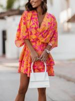 Vestido Estampado De Verano Para Mujer Con Manga Corta Estilo Casual Elegante Con V-Neck Y Mangas Onduladas A-Line Longitud De Rodilla Para Comunicación Y Vacaciones - details 7