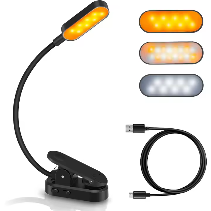 Lámpara de clip con cuello flexible, luz de lectura recargable por USB con clip para libro, luces de lectura para el cuidado de los ojos con luz antiazul, atenuación continua - 1