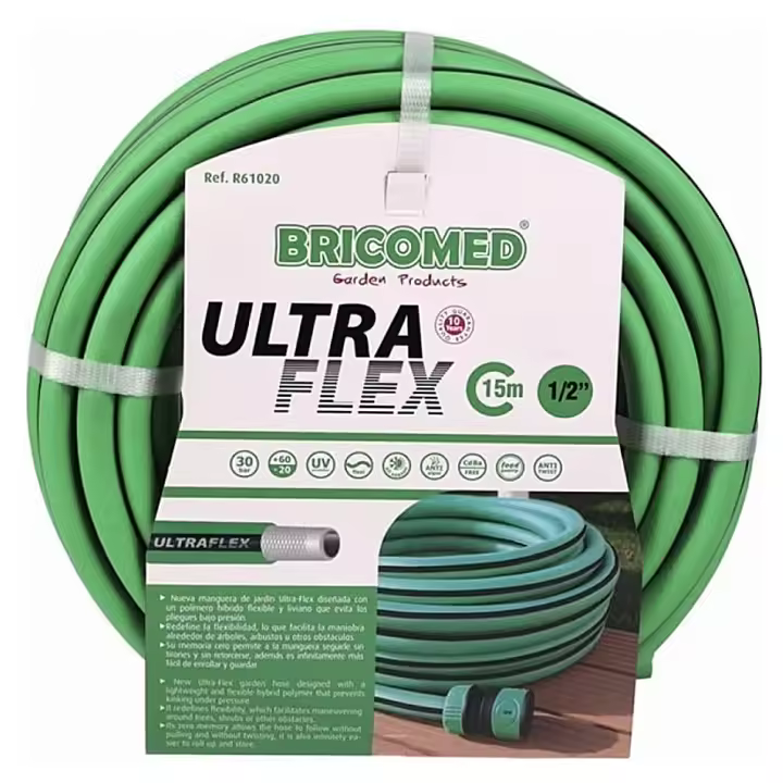 Manguera de jardin ULTRA FLEX sin pliegues 1/2" 15 metros  Anti torsión Color verde - Bricomed - 1