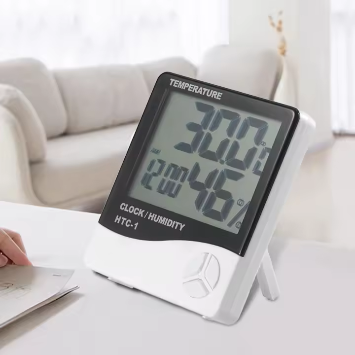 Termómetro Y Higrómetro Digital HTC-1 Con Alarma Y Calendario 5 Funciones Pantalla Grande Soporte De Escritorio Y Montaje En Pared Blanco - 1