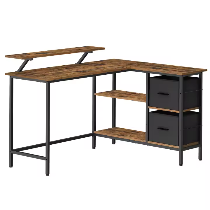 VASAGLE Escritorio en Forma de L con 2 Amplios Cajones, Escritorio para Juegos con Soporte para Monitor, para Esquina, con Estante de Almacenaje Ajustable, para Oficina Casa, Marrón Rústico /Negro Ébano - 1