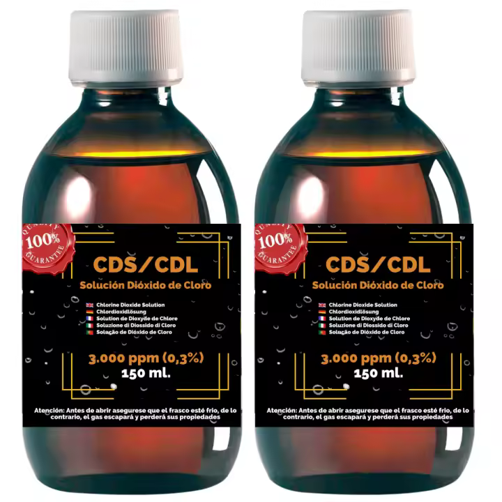 2 X 150 ml. CDS Solución Dióxido de Cloro 300 ml. | 3.000 ppm al 0,3% | Máxima Pureza | Formula Original A. Kalcker | Con Cuentagotas, Precinto de Seguridad y Vaso dosificador | Vidrio de Laboratorio. - 1