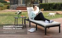 SONGMICS Tumbona, Tumbona de Relajación, para Tomar el Sol,con Colchón de 5 cm, Superficie Tejida, Inclinable, 59 x 198 x 28 cm, Carga 150 kg, para Jardín, Balcón, Terraza, Beige/Negro - details 0