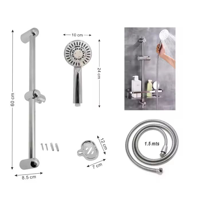Set Ducha Completo, Conjunto Bano Completo, Soporte MAngo Ducha Regulable, Tubo Agua Inox 1.5mts, Mango Ducha Multifunciones Tornillos - 1