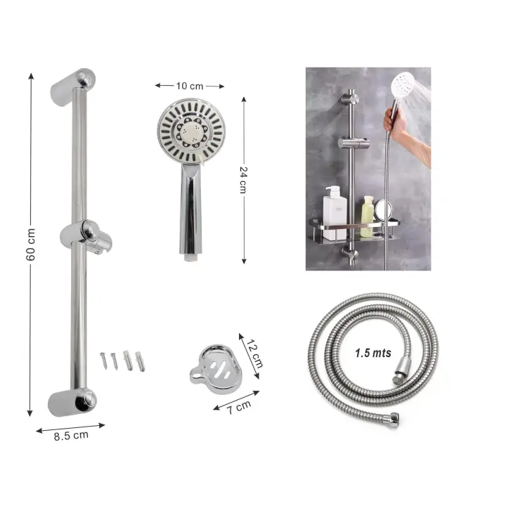 Set Ducha Completo, Conjunto Bano Completo, Soporte MAngo Ducha Regulable, Tubo Agua Inox 1.5mts, Mango Ducha Multifunciones Tornillos - 1