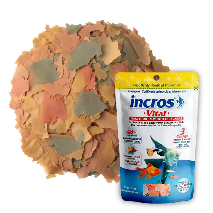 Comida para Peces Tropicales, No Ensucia el Agua - Alimento Premium en Escamas Colores mas vivos Fórmula Natural Fácil Digestión Mejora Salud y Menos Residuos - Incros Vital 30 gr - 150 ml - 1
