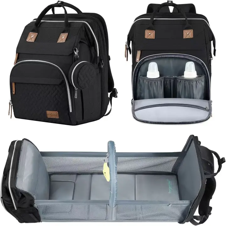 Bolsa de almacenamiento de Doble Capa para Mamá con cambiadores, juguetes, mochila de viaje para pantalones Bolso de piel sintética para Madre de Bebe, 15,5x12,5x7,5 pulgadas, cochecito de Bebe (Negro) - 1