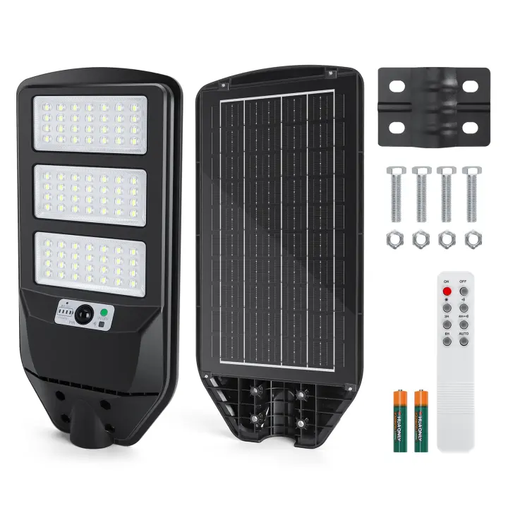 Aigostar - 150W Farola solar LED exterior con sensor de movimiento, mando a distancia, 1500LM luz blanca. Foco solar LED potentes con temporizador, impermeable protección IP65. No incluye soporte - 1