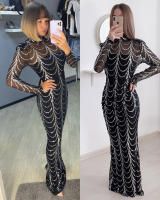 Vestido Largo De Noche Para Mujer Missord Con Lentejuelas Transparente Cuello Alto Manga Larga Elegante Bodycon Para Fiesta Y Bodas - details 2