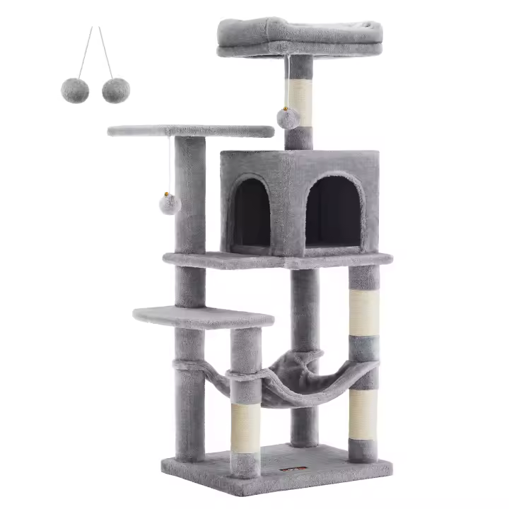 Feandrea Árbol para Gatos, Altura 112 cm/143cm, Torre de Gatos, con 4 Postes Rascadores, 2 Plataformas, 1 Cueva, 1 Hamaca, 2 Pompones, Tela de Felpa, Multinivel, Rosa Caramelo/Blanco Crema/Gris Claro/Gris Ahumado - 1