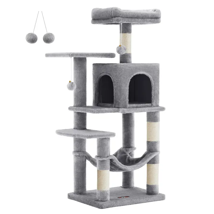 Feandrea Árbol para Gatos, Altura 112 cm/143cm, Torre de Gatos, con 4 Postes Rascadores, 2 Plataformas, 1 Cueva, 1 Hamaca, 2 Pompones, Tela de Felpa, Multinivel, Rosa Caramelo/Blanco Crema/Gris Claro/Gris Ahumado - 1