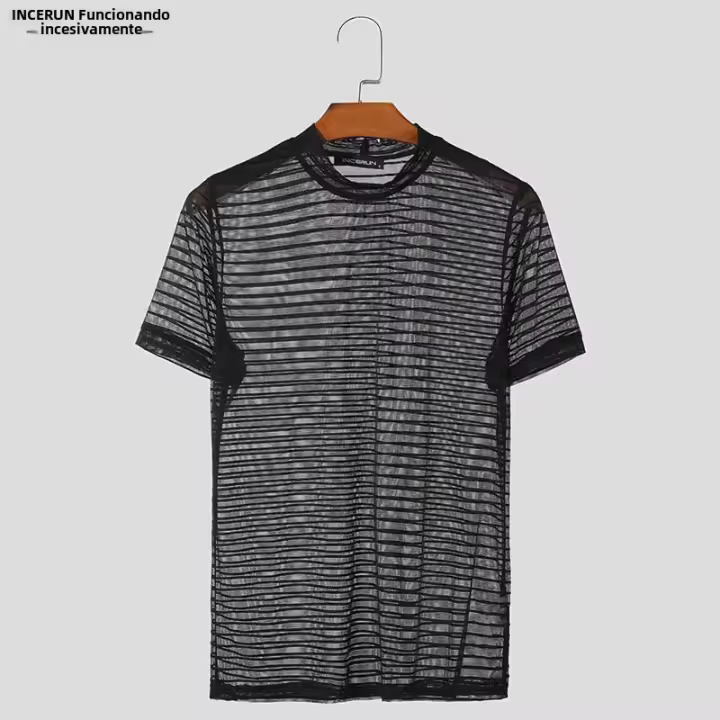 Camiseta De Hombre INCERUN Verano Manga Corta Cuello Redondo Malla Rayada Talla Oversize Ropa Casual Para Todo El Año - 1