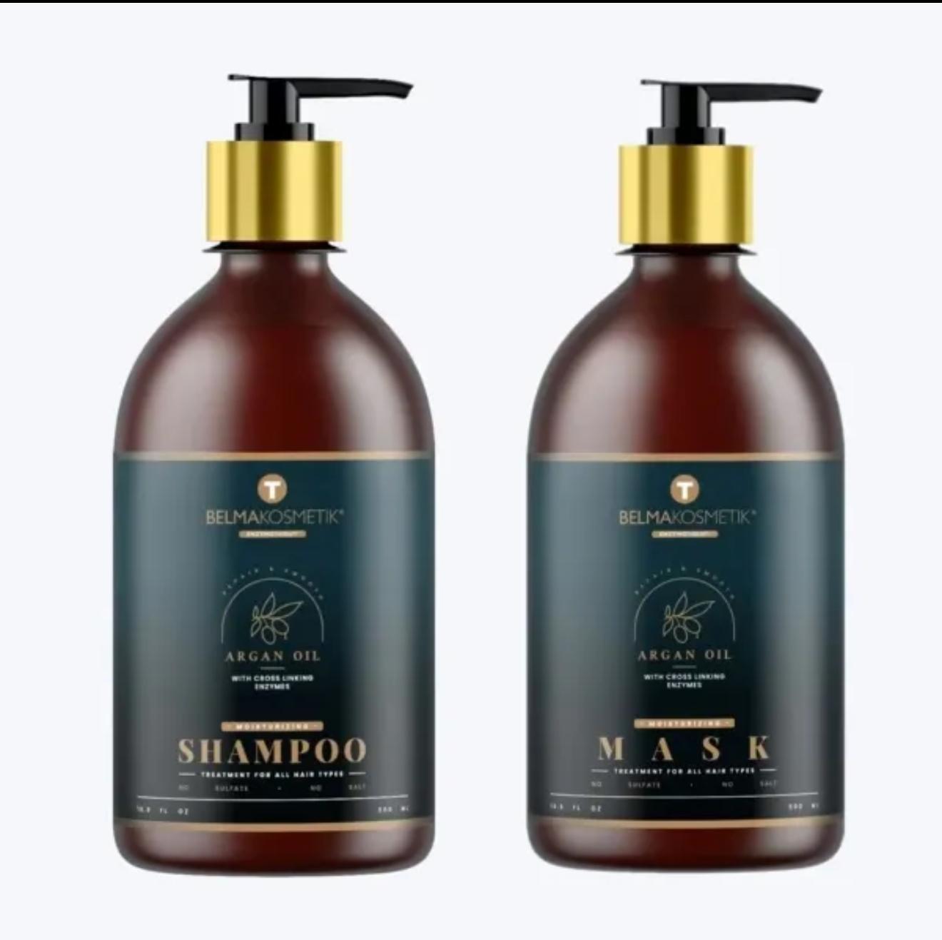 Belma Kosmetik Argán Oil Kit Dúo Champú Argán 500ml + Mascarilla Argán 500ml - Sin Sulfatos, Sin Parabenos, Sin Sales - Todo Tipo de Cabellos - Enzymotherapy, Taninoplastia - Hidratación Profunda