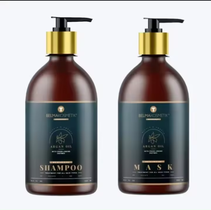 Belma Kosmetik Argán Oil Kit Dúo Champú Argán 500ml + Mascarilla Argán 500ml - Sin Sulfatos, Sin Parabenos, Sin Sales - Todo Tipo de Cabellos - Enzymotherapy, Taninoplastia - Hidratación Profunda - 1