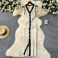 Vestido Largo Sin Mangas De Verano Para Mujer REALEFT V-neck Cintura Imperio Slim Alineado Hasta La Cintura De Poliéster - details 0