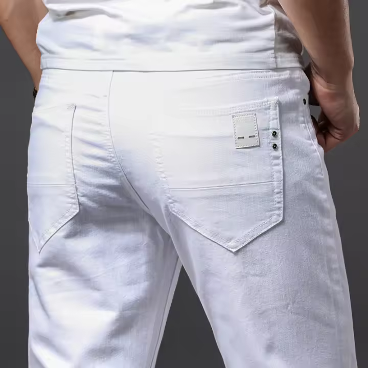Pantalones De Mezclilla Blancos Para Hombre Estilo Casual Clásico Ajustados Suaves Con Stretch Avanzado Tejanos De Cierre De Cremallera - 1