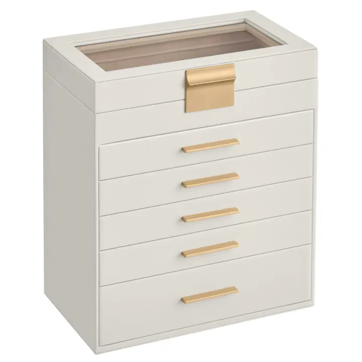 SONGMICS Caja de Joyas, Caja Joyero con 6 Niveles, Estuche para Joyería con Tapa de Cristal, 5 Cajones, para Gafas de Sol, Joyas Grandes, Moderno, Blanco Nube y Dorado - 1