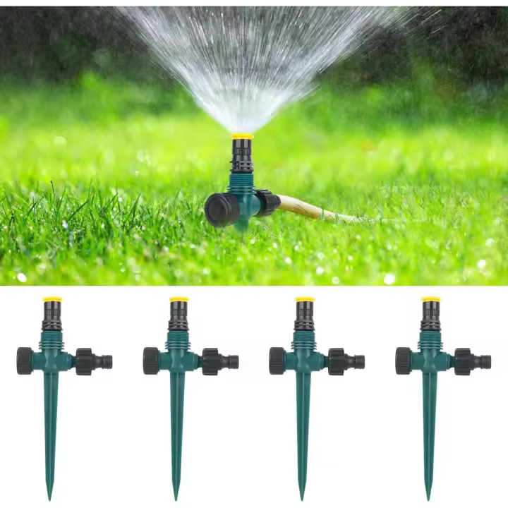 Pack de aspersores de césped con pincho y 4 aspersores tándem ajustables 360° - Aspersor automático para jardín y césped - 1