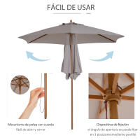 Outsunny Sombrilla Parasol de Madera Ø250x230cm para Exterior con 6 Varillas Sistema de Cuerda con Fijación Desmontable Portátil Fácil de Guardar y Transportar - details 4