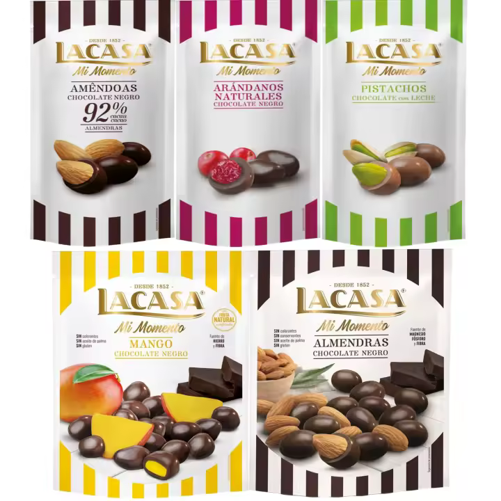 Lacasa Mi Momento pack de 5:Arándano  Negro 60 G,Pistacho  Leche 50 G,Almendra 92% 65 G,Almendra  Negro 125 G,Mango  Negro 115 G - 1