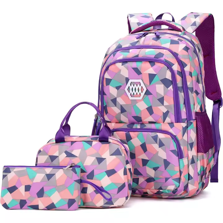Mochila para estudiantes de primaria con estampado geométrico de 3 piezas, mochila para niños de primaria, mochila escolar para niños con bolsa para el almuerzo, estuche para lápices, tamaño grande - 1