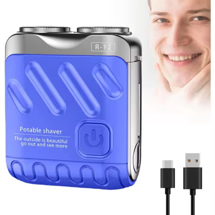 Afeitadora eléctrica portátil de doble anillo rotatorio, mini afeitadora de acero pequeña para hombres, recargable por USB, con un solo botón, larga duración (naranja) (azul) - 1