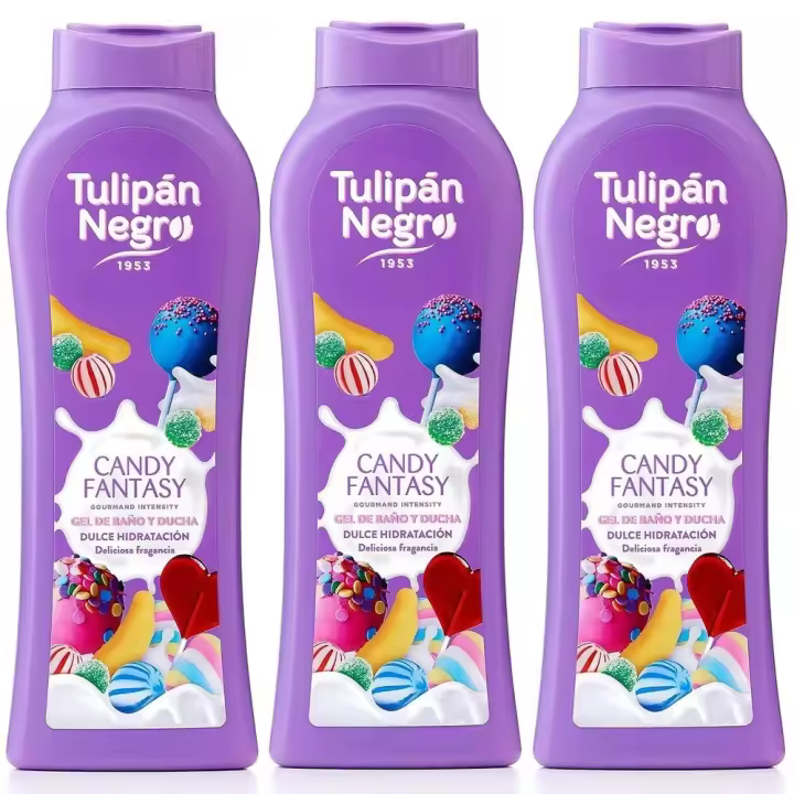 TULIPAN NEGRO, Gel de Baño y Ducha Candy Fantasy 650ml (Pack de 3x650ml), Tulipán Negro De la Línea Gourmand Intensity, Cuidado Diario de la Piel, Máxima Hidratación y Suavidad, Deliciosa Fragancia Intensa y Dulce con Olor a Chuchería, - 1
