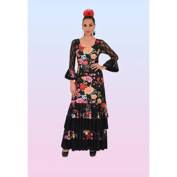 Vestido de Flamenca con tejido elástico y estampado Floral con Mangas de blonda elástica y Volantes - 1