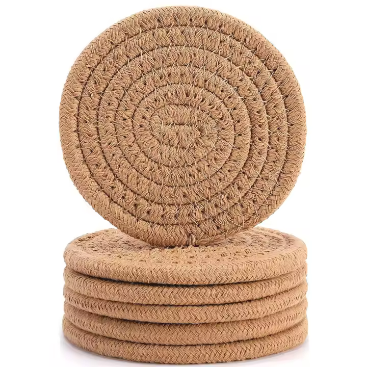 6 posavasos para bebidas, posavasos superabsorbentes, elegantes posavasos redondos tejidos a mano, 4,3 pulgadas, marrón - 1