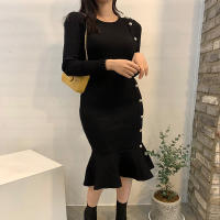 Vestido Bodycon Mermaid Elegante De Moda Coreana YuooMuoo Negro Con Volantes Para Fiesta Y Oficina Vestido De Cintura Imperio De Pierna Larga Estilo Lady - details 2