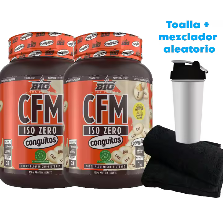 2X CFM ISO ZERO (2X1KG) Conguitos Blanco - Big + toalla y  Mezclador aleatorio / Baja en lactosa  Baja en azúcares  Calidad garantizada  Deliciosa  Nutritiva - 1