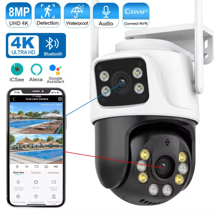 Camara vigilancia wifi interior, Cámara Wifi de doble lente 360º protección de seguridad IP66 8MP 4K detección humana inalámbrica al aire libre ICSEE Videovigilancia PTZ - 1