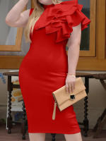 Vestido Elegante De Noche Bodycon Con Cuello Alto Y Sin Mangas De Moda Verano Con Ruffle De Flor Y Diseño De Hombro Solo - details 6