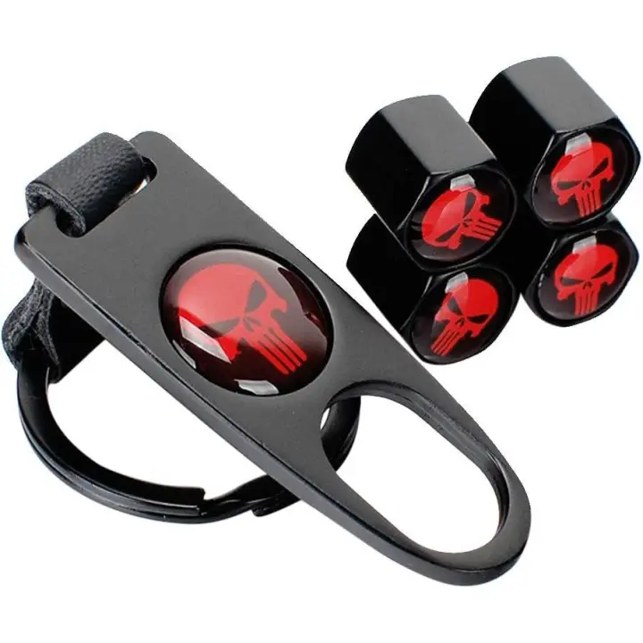 Tapas de válvula de neumático con forma de calavera (4 piezas) con llavero con llave (1 pieza) Tapa de válvula de rueda de neumático Cubierta de vástago antipolvo adecuada para automóviles, SUV, bicicletas - 1