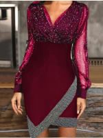 Nuevo 2024 Vestido Largo Elegante Con Cuello V Y Sequinias Patchwork Malla Sensual Destaca El Encanto Feminino Estilo Casual Longitud De Rodilla Polyester - details 1