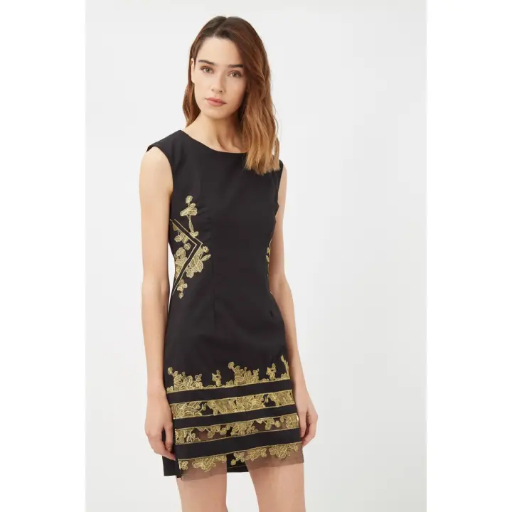 LOVE & MONEY Vestido Bordado Dorado Diseño Recto Sin Mangas - 1