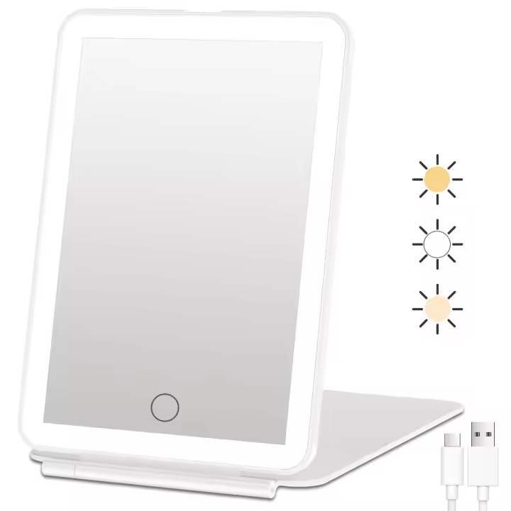 Espejo de maquillaje portátil, recargable, de viaje, Con iluminación, 3 Colores, Pantalla táctil regulable, Espejo cosmético plegable De sobremesa con Lices LED. - 1
